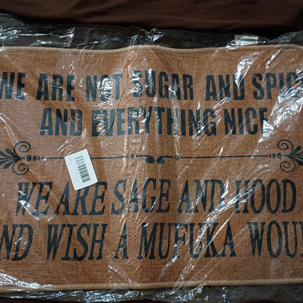 Brown Burlap Phrase Novelty Doormat with Black Lettering
